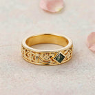 Vintage Floral Relief Princess Cut Moss Agate 14K Yellow Gold Wedding Band
