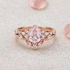 Vintage Elven Pear Cut Pink Sapphire and Diamond 14K Yellow Gold Bridal Ring Set