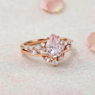 Vintage Elven Pear Cut Pink Sapphire and Diamond 14K Yellow Gold Bridal Ring Set