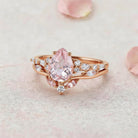 Vintage Elven Pear Cut Pink Sapphire and Diamond 14K Yellow Gold Bridal Ring Set