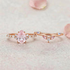 Vintage Elven Pear Cut Pink Sapphire and Diamond 14K Yellow Gold Bridal Ring Set