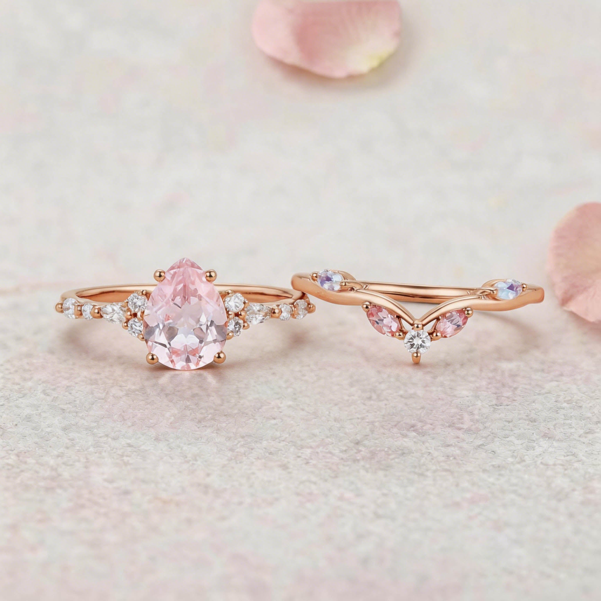 Vintage Elven Pear Cut Pink Sapphire and Diamond 14K Yellow Gold Bridal Ring Set