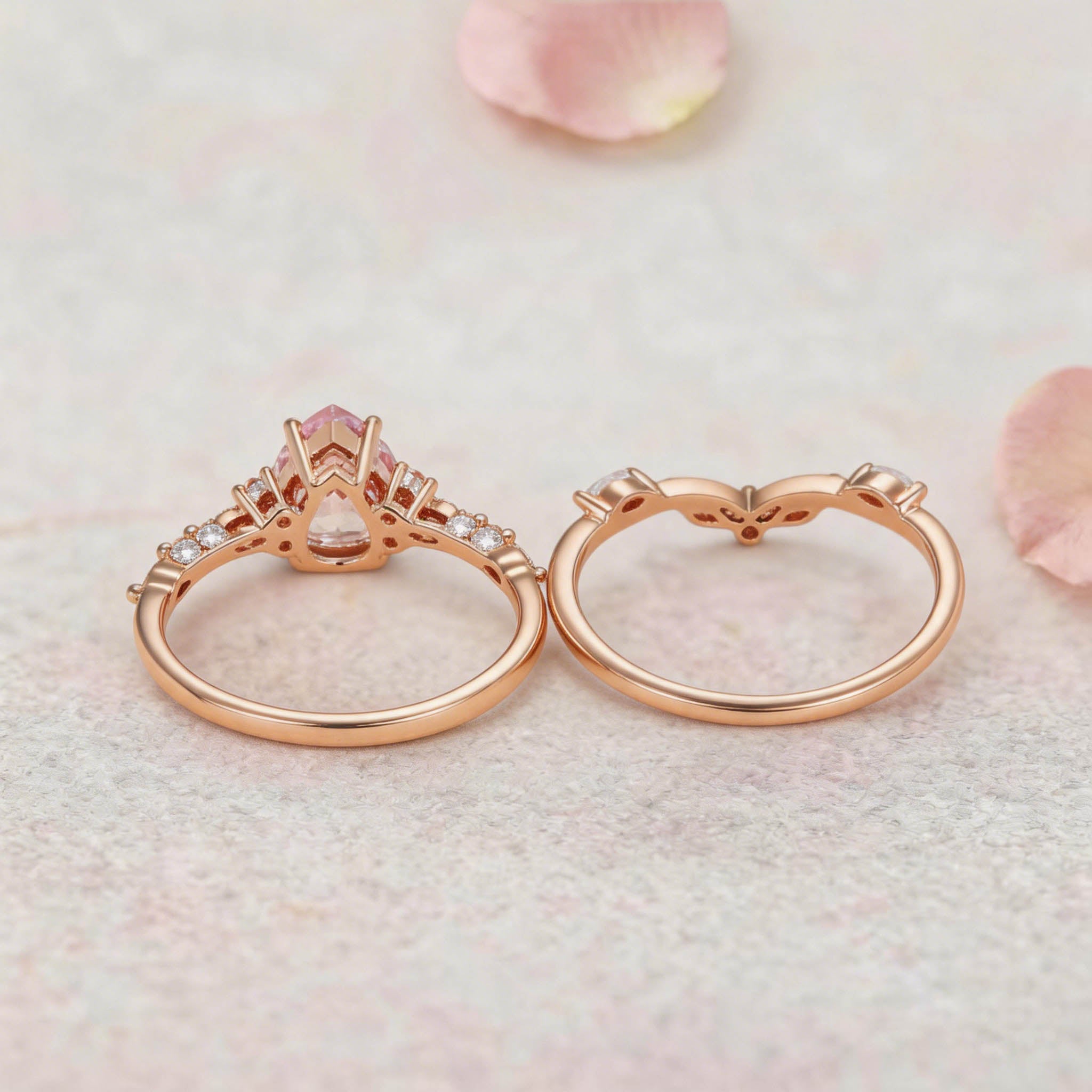 Vintage Elven Pear Cut Pink Sapphire and Diamond 14K Yellow Gold Bridal Ring Set