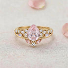 Vintage Elven Pear Cut Pink Sapphire and Diamond 14K Yellow Gold Bridal Ring Set