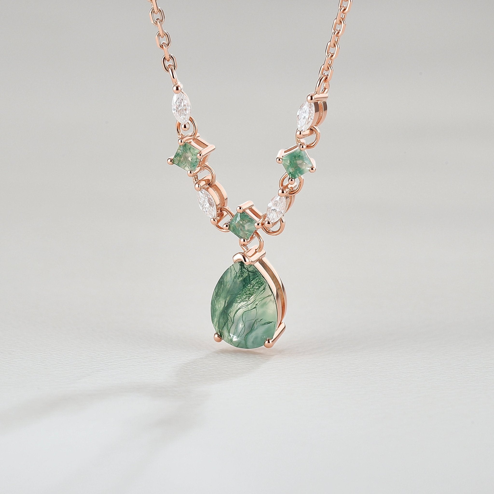Unique Cluster Pear Cut Moss Agate and Moissanite Necklace - Oore Jewelry