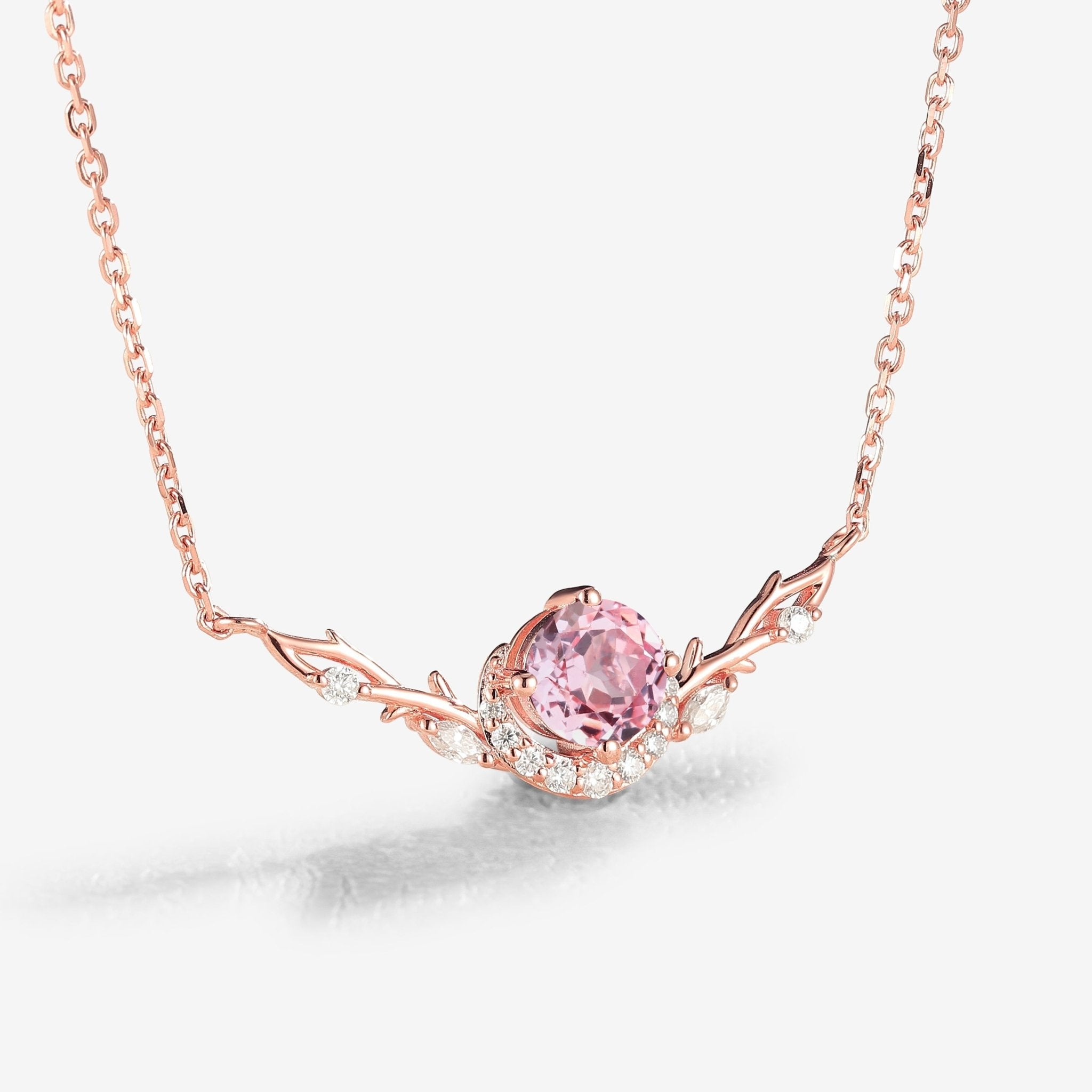 Unique Round Cut Lab Pink Sapphire Vine Necklace - Oore Jewelry