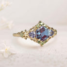 Unique floral engagement rings Three Stone Hexagon Lab Alexandrite and Blue sapphire 18K Yellow Gold Leaf Ring