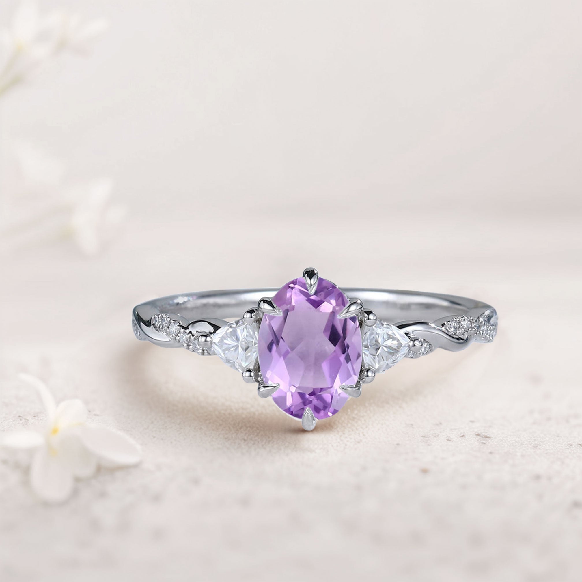 Unique Three Stone Oval Amethyst Ring 18K White Gold Engagement Ring