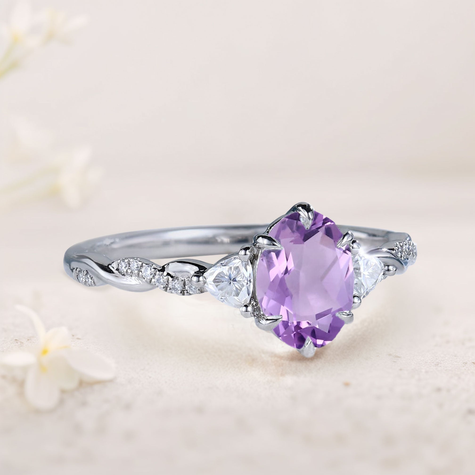Unique Three Stone Oval Amethyst Ring 18K White Gold Engagement Ring