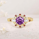 Unique floral engagement rings Hexagon Amethyst Flower 18K Yellow Gold Engagement Ring Leaf Wedding Ring For Women