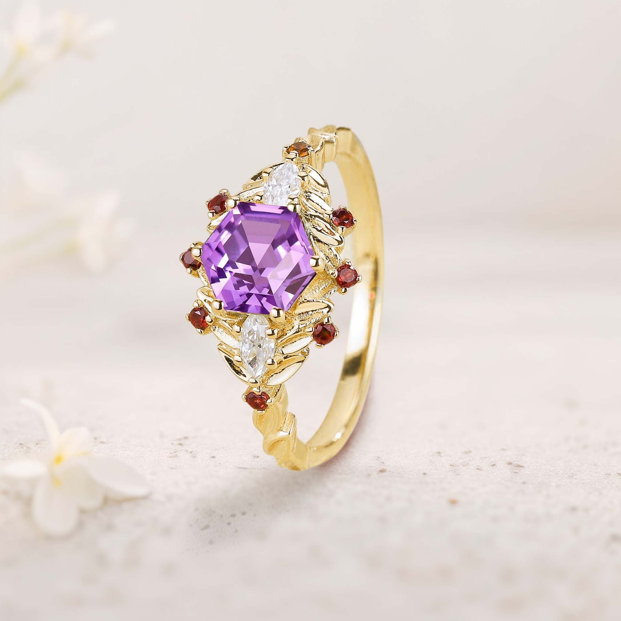Unique floral engagement rings Hexagon Amethyst Flower 18K Yellow Gold Engagement Ring Leaf Wedding Ring For Women
