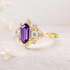 Unique floral engagement rings Long Hexagon Amethyst Cluster 18K Yellow Gold Wedding Ring Promise Ring For Women