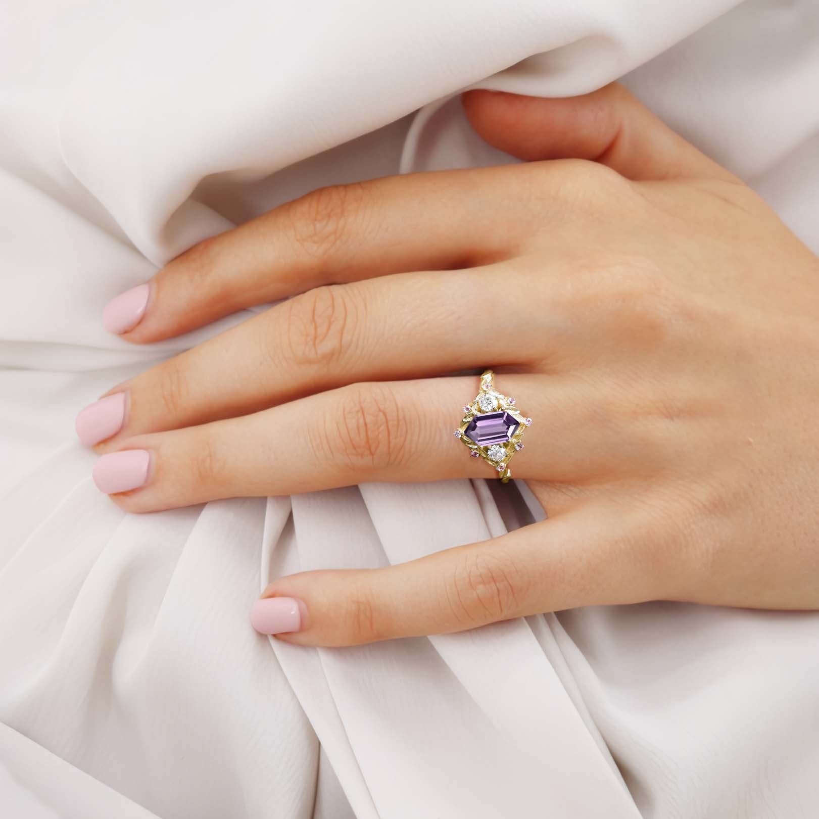 Unique floral engagement rings Long Hexagon Amethyst Cluster 18K Yellow Gold Wedding Ring Promise Ring For Women