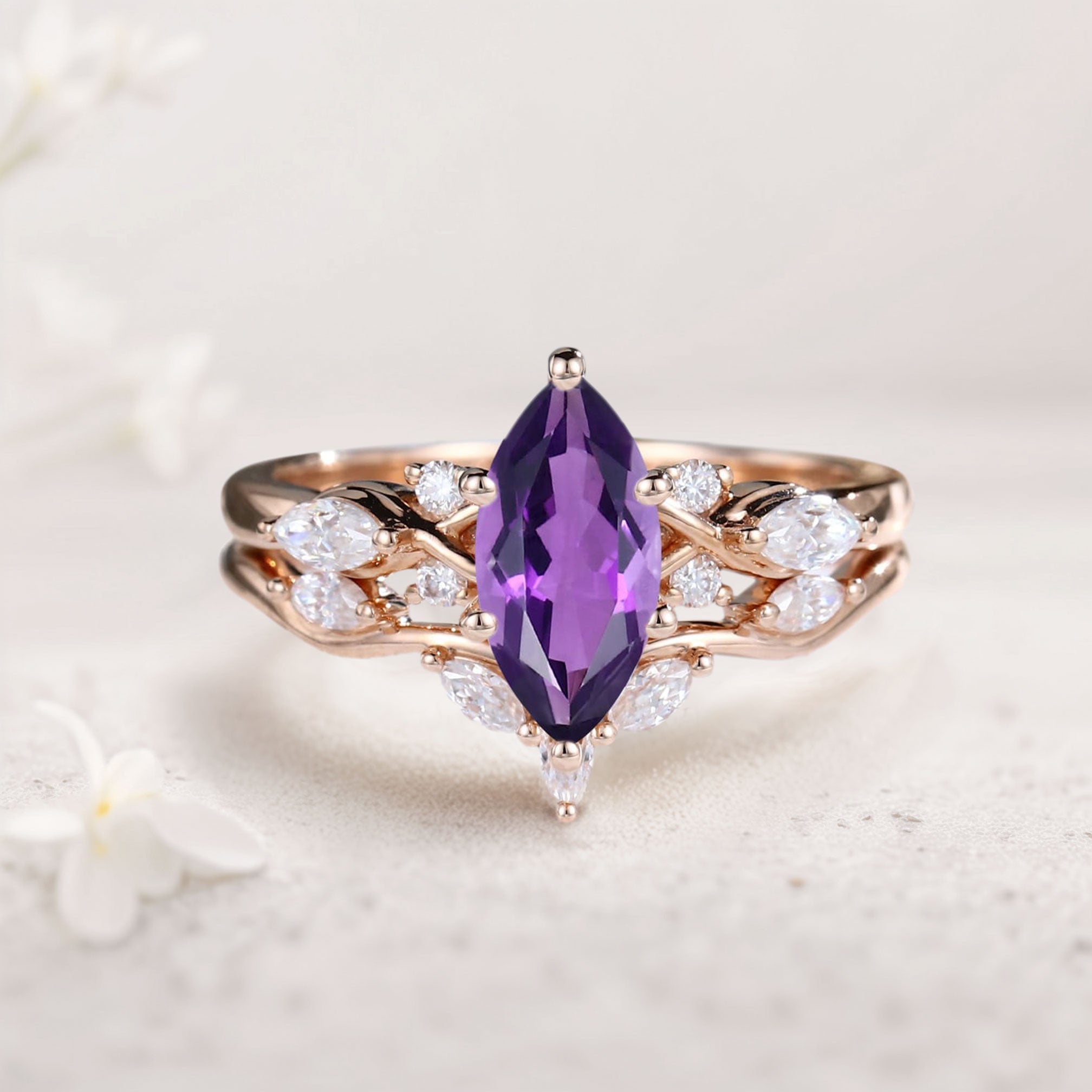 Unique Marquise Amethyst and Moissanite 18K Rose Gold Wedding Ring Set Bridal Ring Set