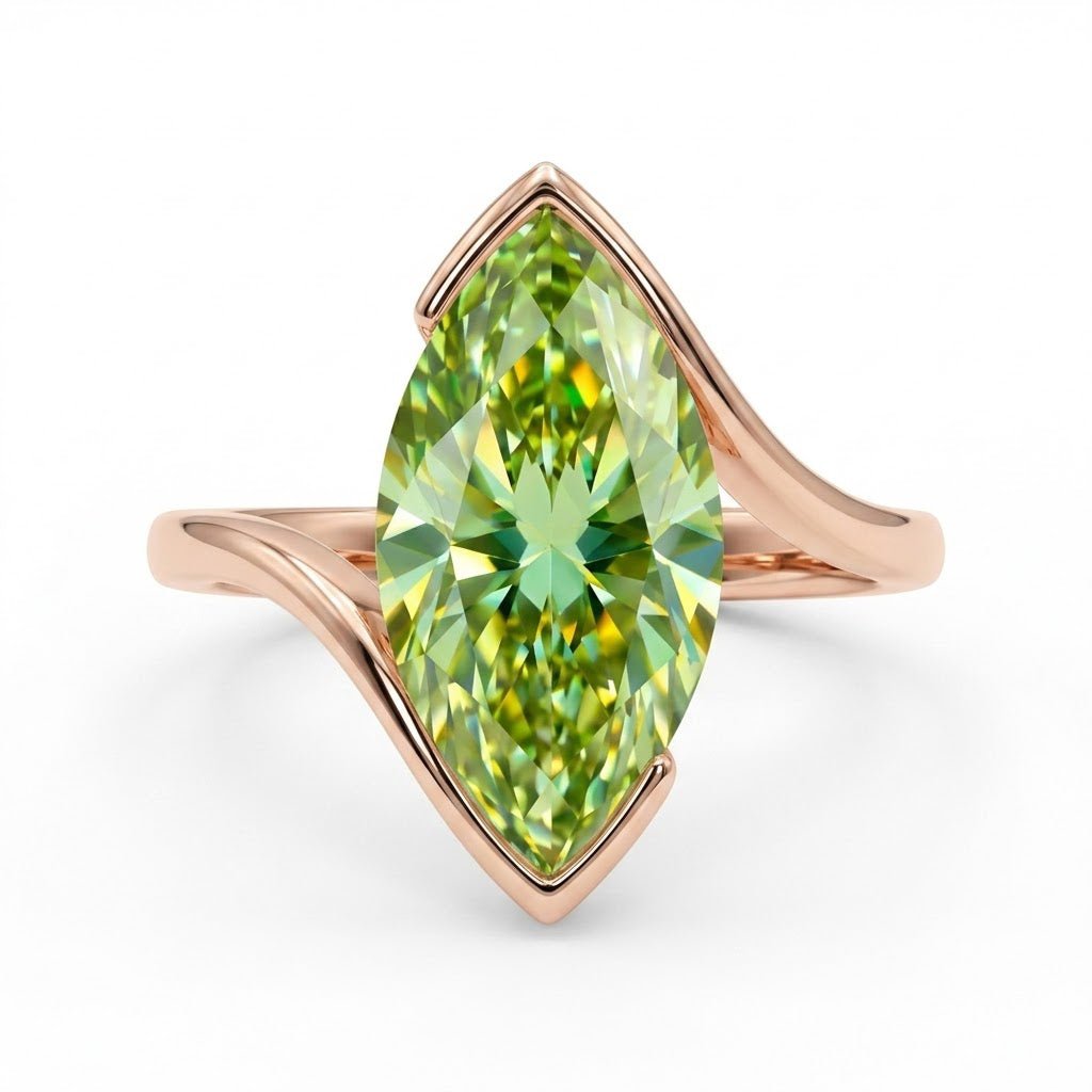 Custome Green Moissanite Marquise Bezel Engagement Ring - Orlina Jewelry