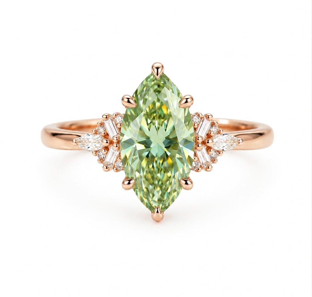 Custome Green Moissanite Marquise Engagement Ring with Multi-Shape Accents - Orlina Jewelry