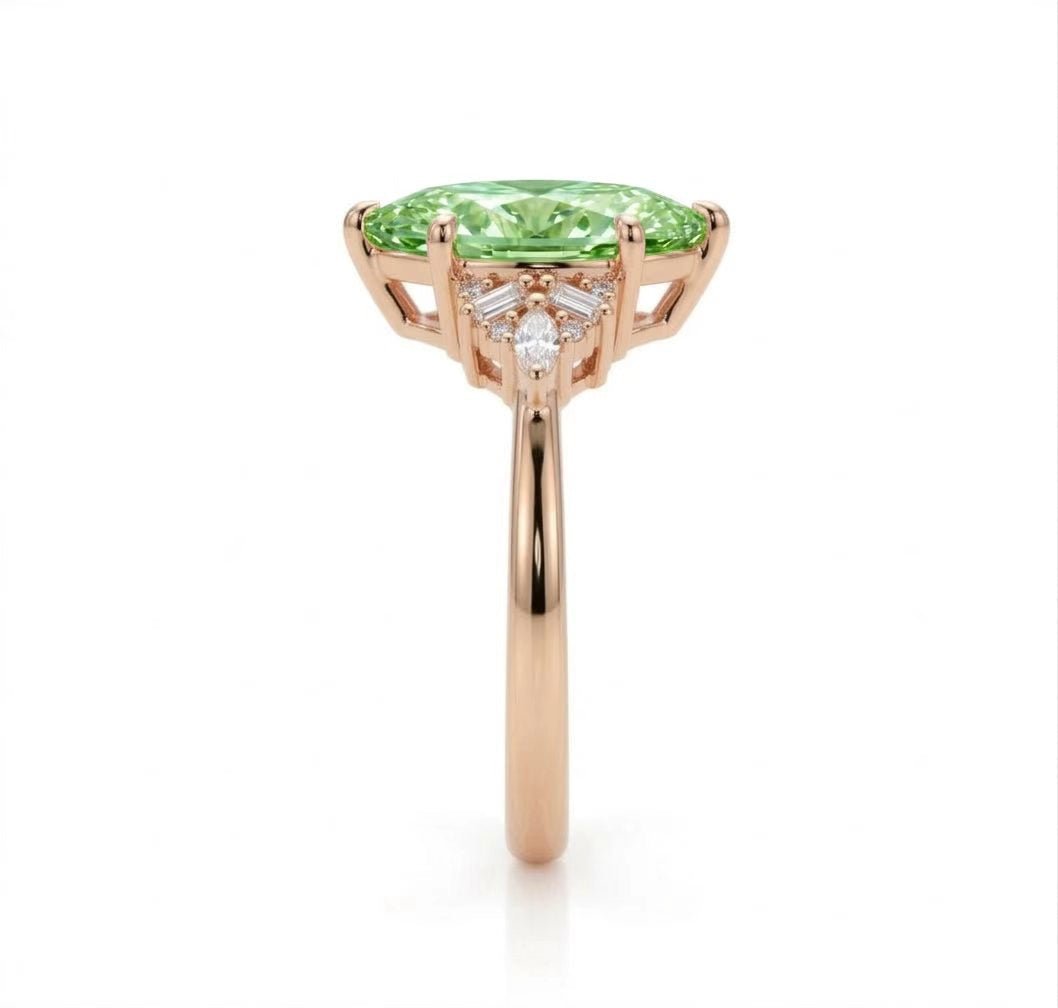 Custome Green Moissanite Marquise Engagement Ring with Multi-Shape Accents - Orlina Jewelry