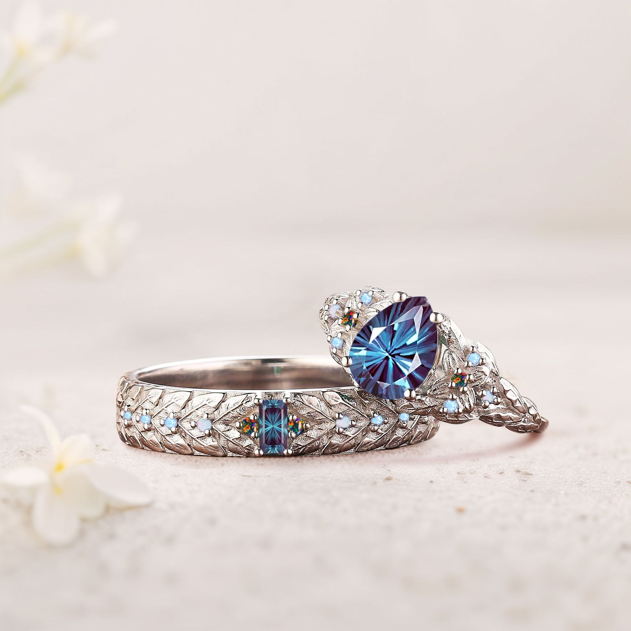 Customize your own Unique Starlight Pear Cut Alexandrite His and Hers Matching Wedding Ring Set - Oore Jewelry
