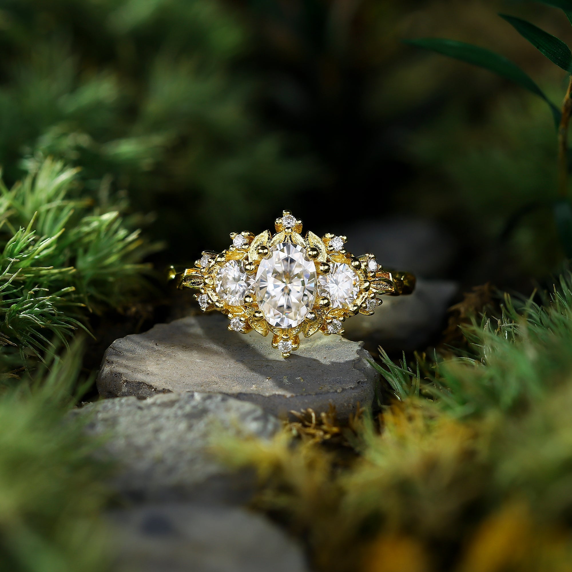 Unique floral engagement rings Briar Rose Three Stone Oval Moissanite 18K Yellow Gold Ring