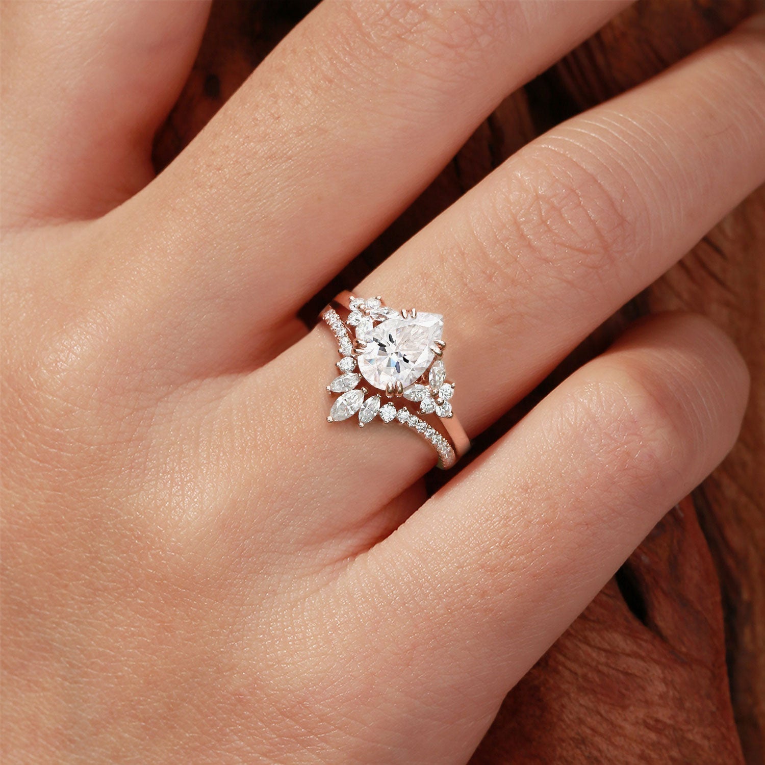 Unique Cluster Pear Moissanite 18K Rose Gold Chevron Wedding Ring Set