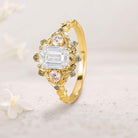 Vintage floral engagement rings Three Stone Emerald cut Moissanite 18K Yellow Gold ring Promise ring