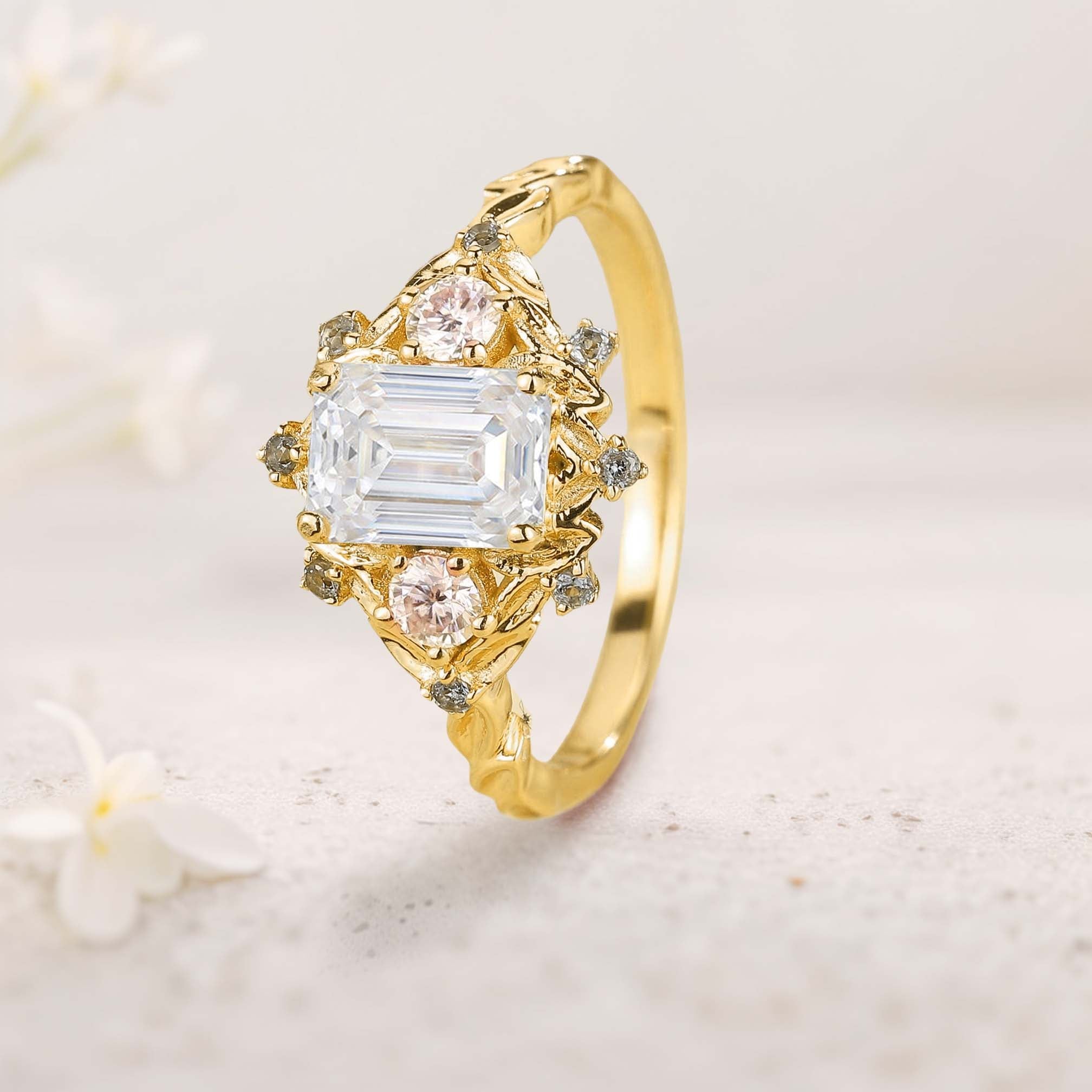 Vintage floral engagement rings Three Stone Emerald cut Moissanite 18K Yellow Gold ring Promise ring