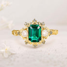 Vintage floral engagement rings Three Stone Lab Emerald 18K Yellow Gold Engagement ring Fairy ring