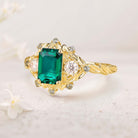 Vintage floral engagement rings Three Stone Lab Emerald 18K Yellow Gold Engagement ring Fairy ring