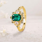 Vintage floral engagement rings Three Stone Lab Emerald 18K Yellow Gold Engagement ring Fairy ring