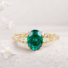 Unique Oval Lab Emerald and Moissanite 18K Yellow Gold Wedding Ring