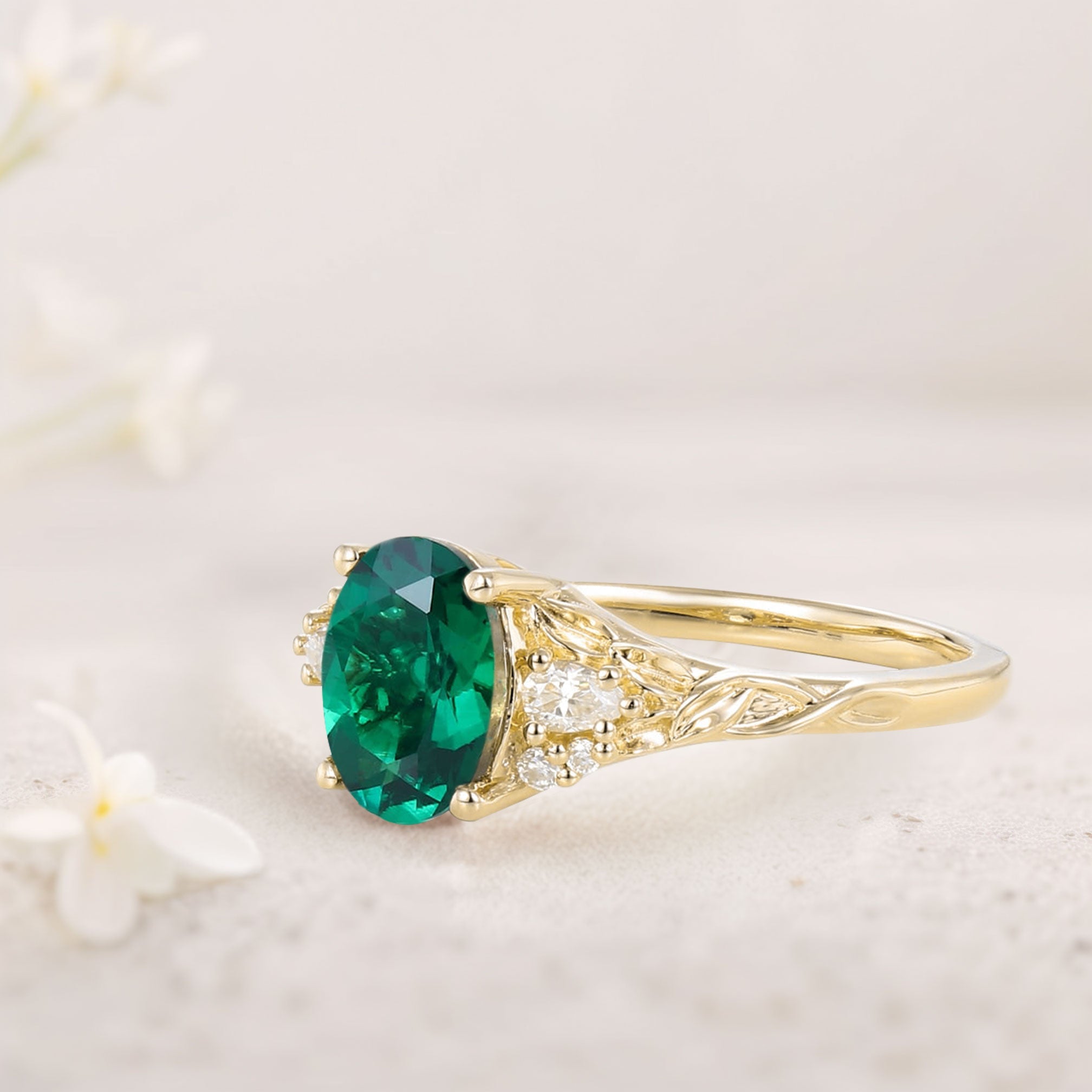 Unique Oval Lab Emerald and Moissanite 18K Yellow Gold Wedding Ring