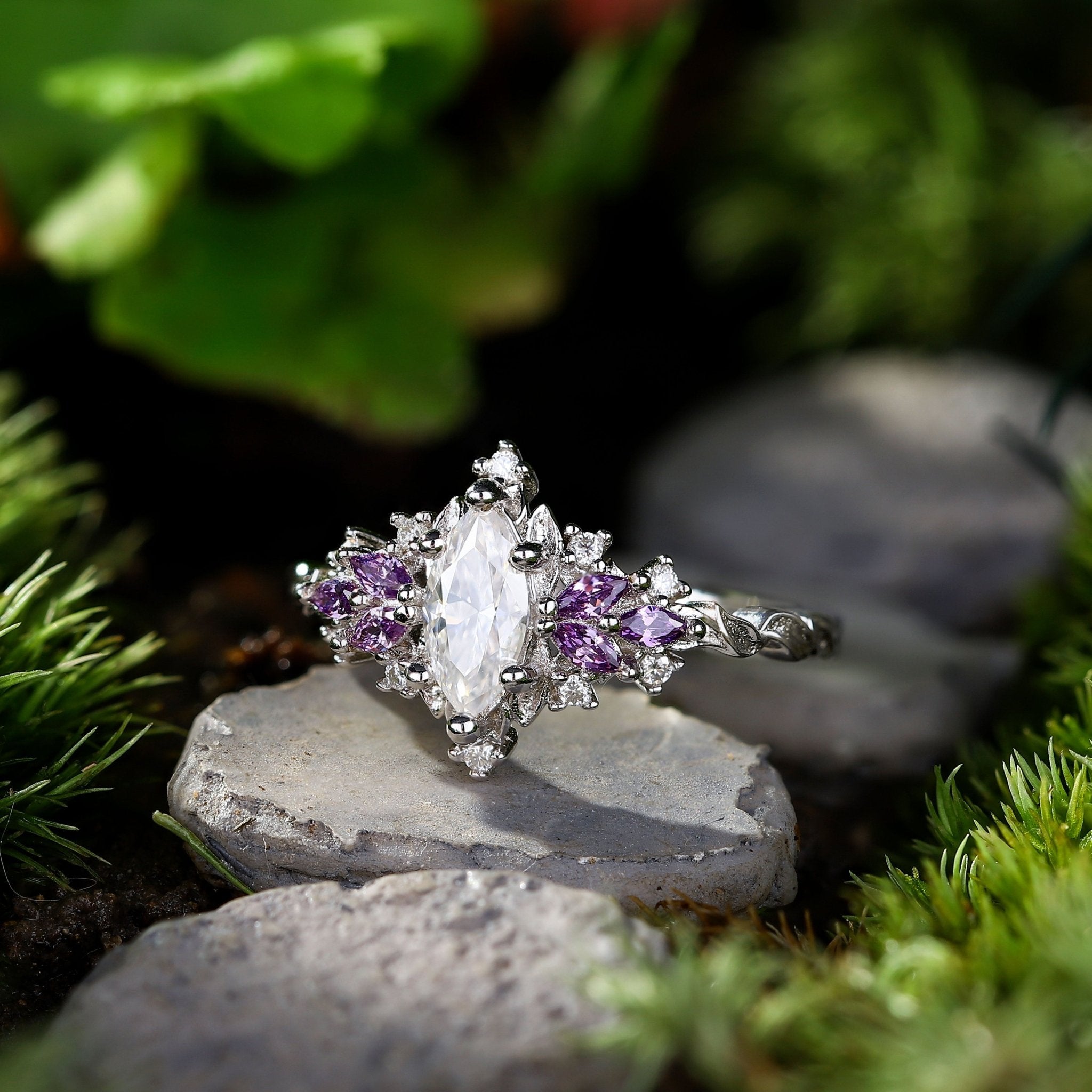 Starlight Marquise Moissanite and Lab Tanzanite Engagement Ring - Oore Jewelry