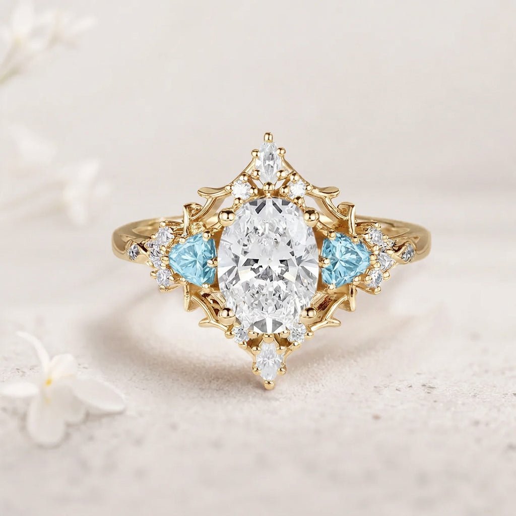 Customize your own Vintage Briar Rose Oval Moissanite and Aquamarine Engagement Ring Filigree Ring - Oore Jewelry