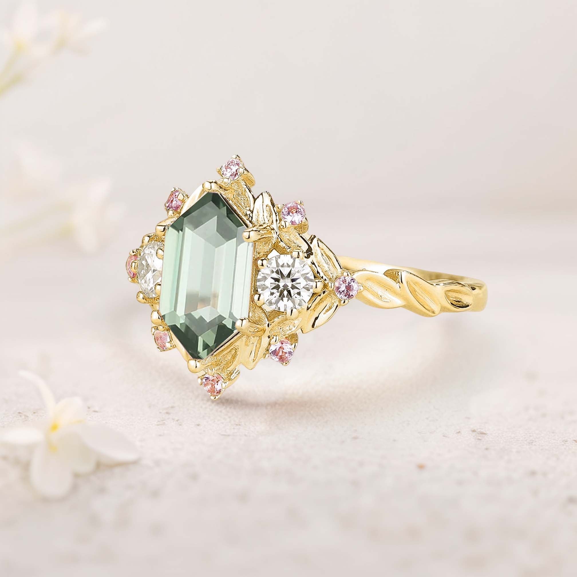 Unique Long Hexagon Green Lab Sapphire Cluster 18K Yellow Gold Wedding Ring Promise Ring For Women