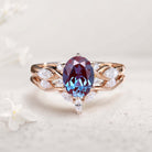Vintage Oval Lab Alexandrite and Moissanite Curved 18K Rose Gold Wedding Ring Set Bridal Ring Set