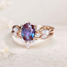 Vintage Oval Lab Alexandrite and Moissanite Curved 18K Rose Gold Wedding Ring Set Bridal Ring Set