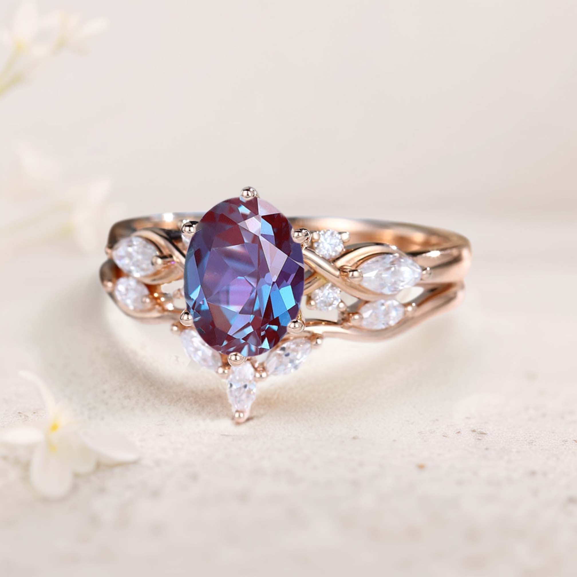 Vintage Oval Lab Alexandrite and Moissanite Curved 18K Rose Gold Wedding Ring Set Bridal Ring Set