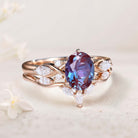 Vintage Oval Lab Alexandrite and Moissanite Curved 18K Rose Gold Wedding Ring Set Bridal Ring Set