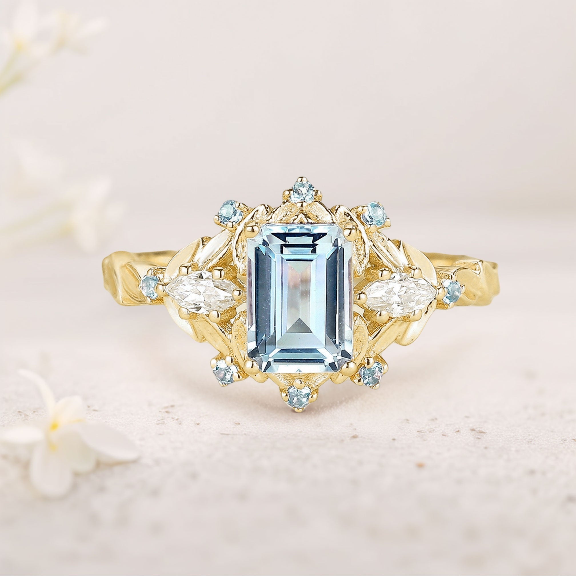 Unique floral engagement rings Emerald Cut Lab Aquamarine Flower Engagement Ring Aquamarine Halo Leaf 18K Yellow Gold Wedding Ring
