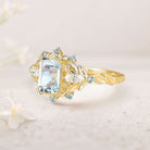 Unique floral engagement rings Emerald Cut Lab Aquamarine Flower Engagement Ring Aquamarine Halo Leaf 18K Yellow Gold Wedding Ring