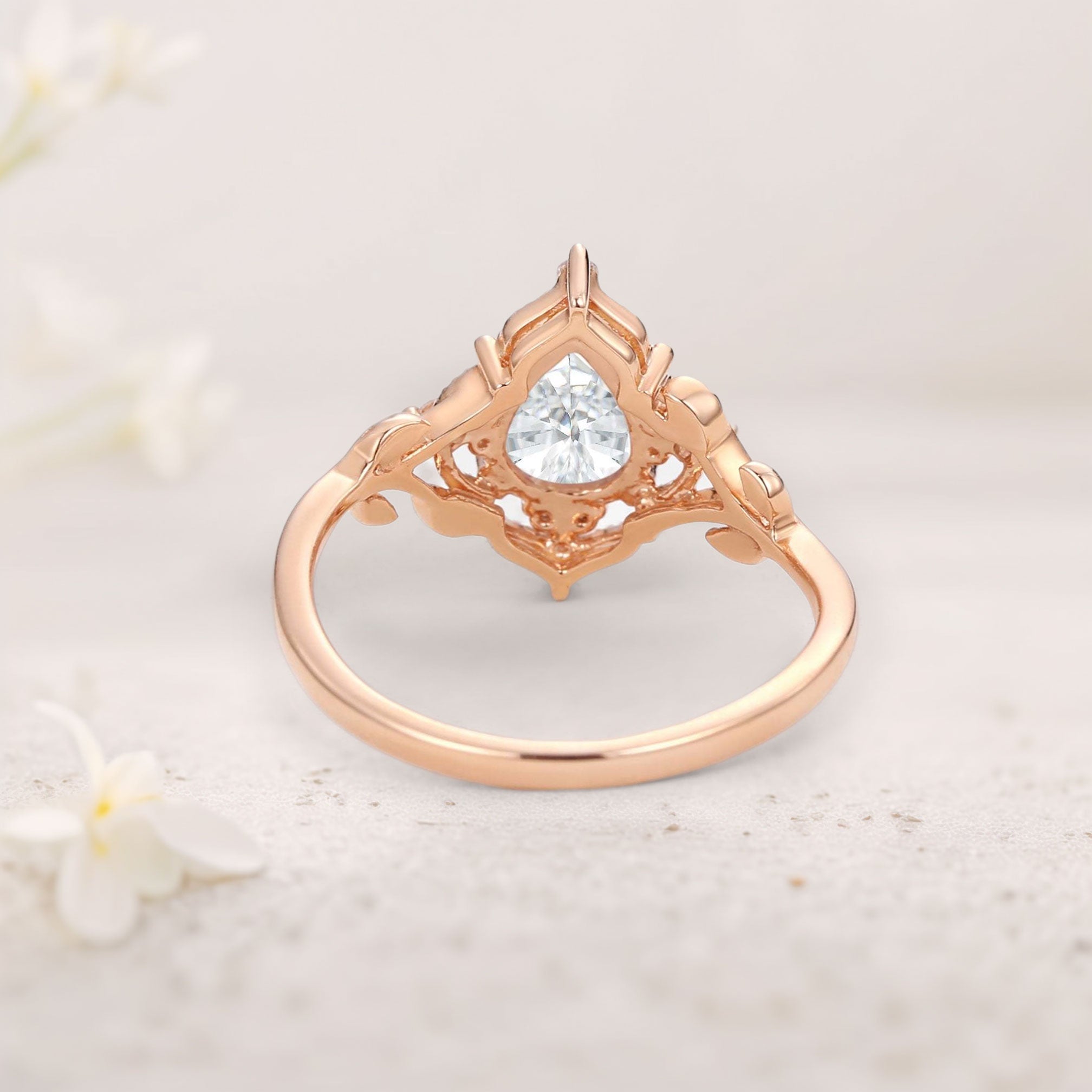Vintage floral engagement rings Pear Moissanite Leafy 18K Yellow Gold Engagement Ring