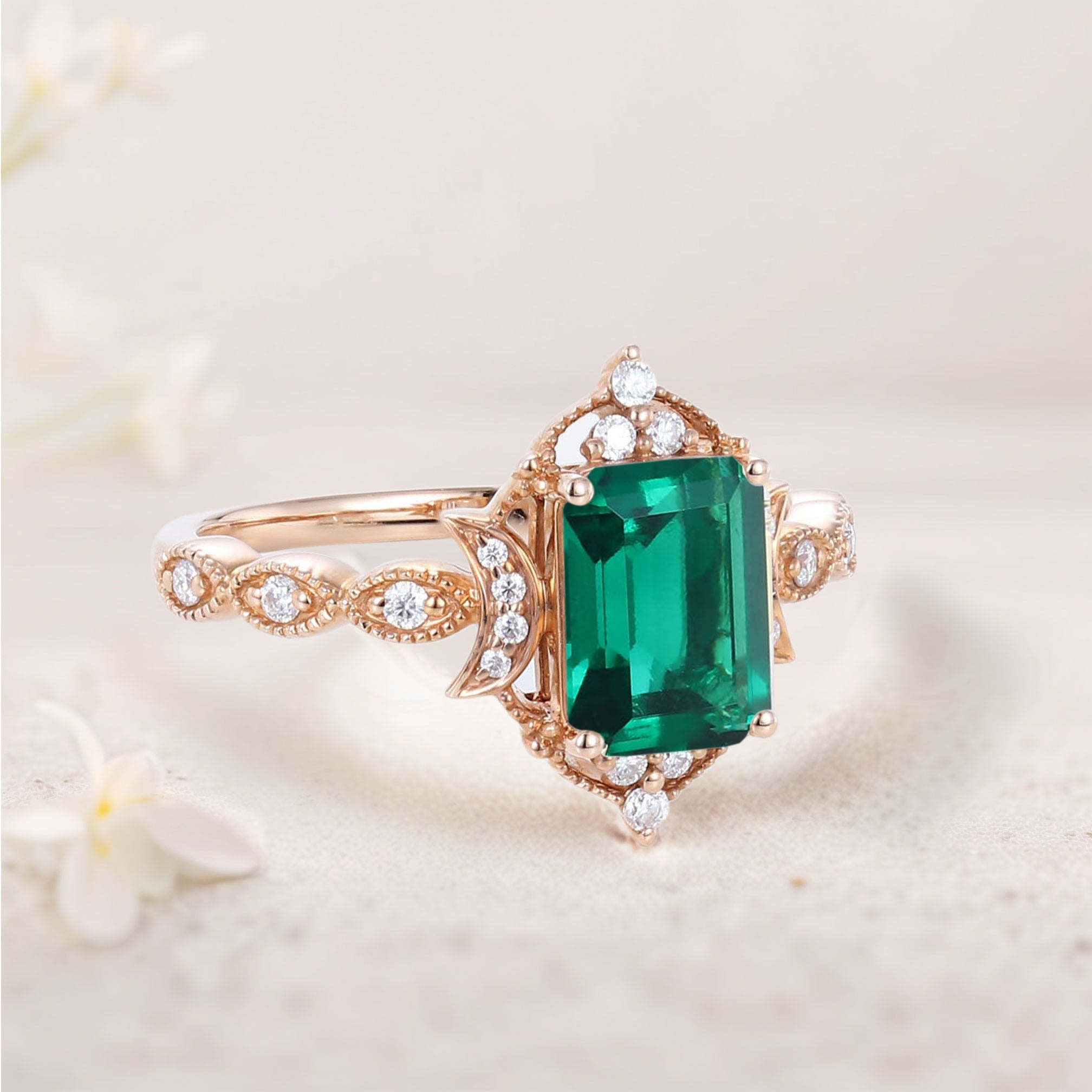 Vintage Lab Emerald 18K Yellow Gold Engagement Ring Whimsical Charm Bridal Ring