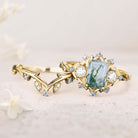 Unique floral engagement rings Emerald Cut Moss Agate Floral 18K Yellow Gold Wedding Ring Promise Bridal Set