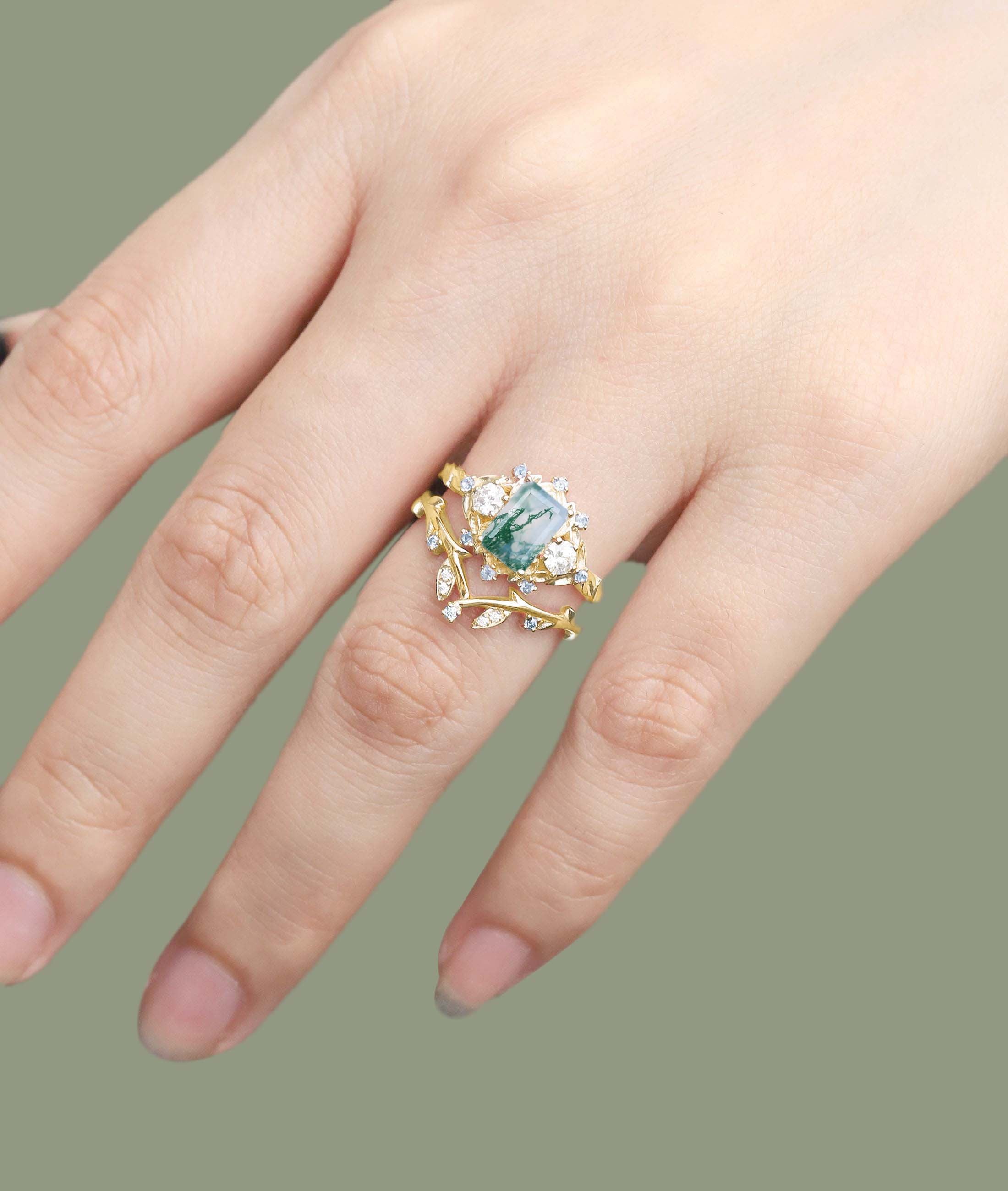 Unique floral engagement rings Emerald Cut Moss Agate Floral 18K Yellow Gold Wedding Ring Promise Bridal Set