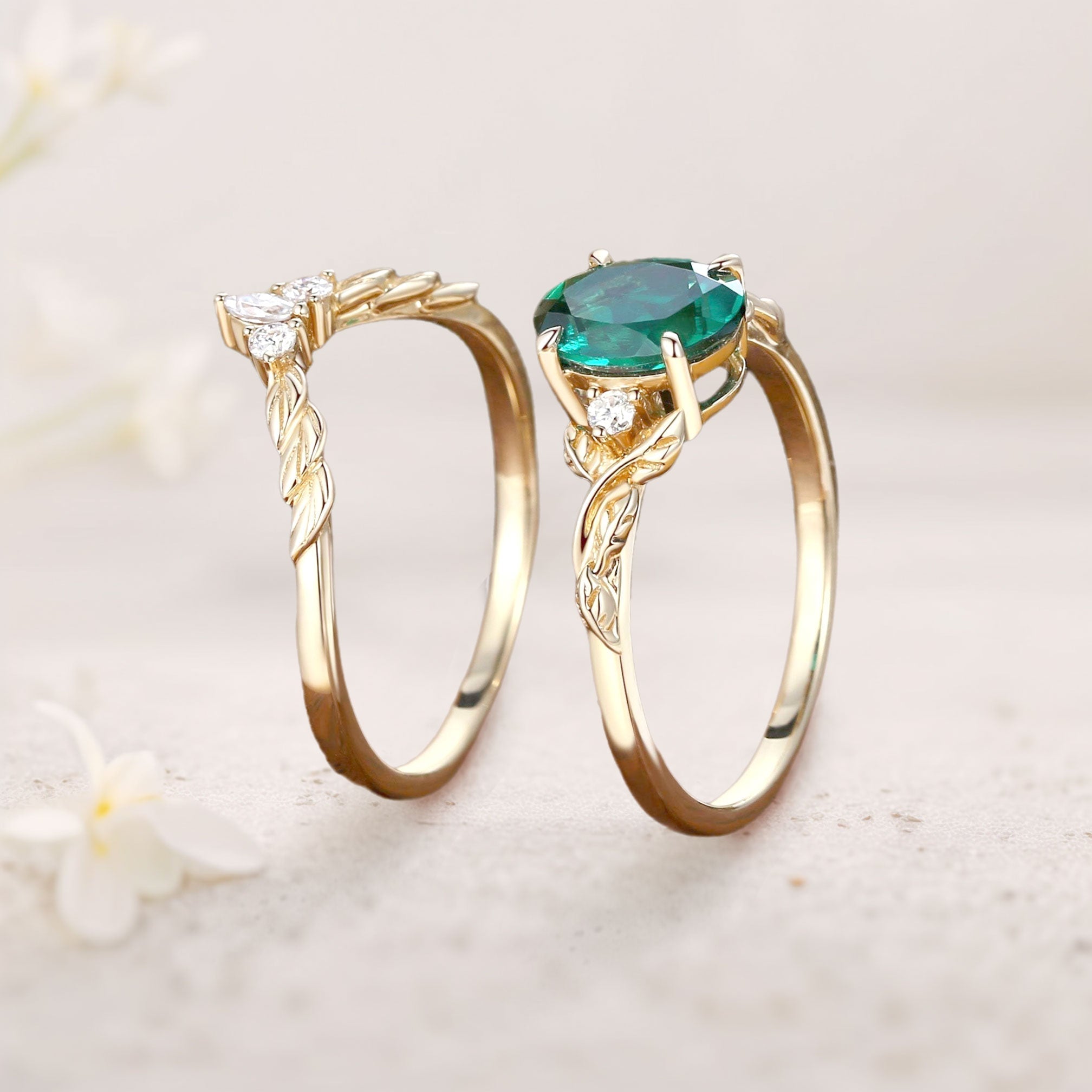 Unique floral engagement rings Nature Inspired Oval Lab Emerald 18K Yellow Gold Engagement Ring Set