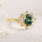 Vintage floral engagement rings Oval Green Moissanite Flower 18K Yellow Gold Engagement Ring Halo Promise Ring