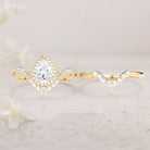 Vintage floral engagement rings Pear Moissanite and Pearl Halo 18K Yellow Gold Infinity Ring Set