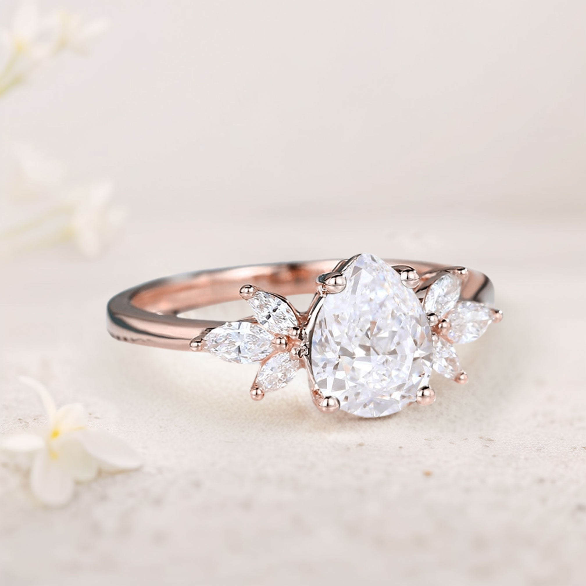 Unique Pear Moissanite 18K Rose Gold Engagement Ring Simple Cluster Bridal Ring