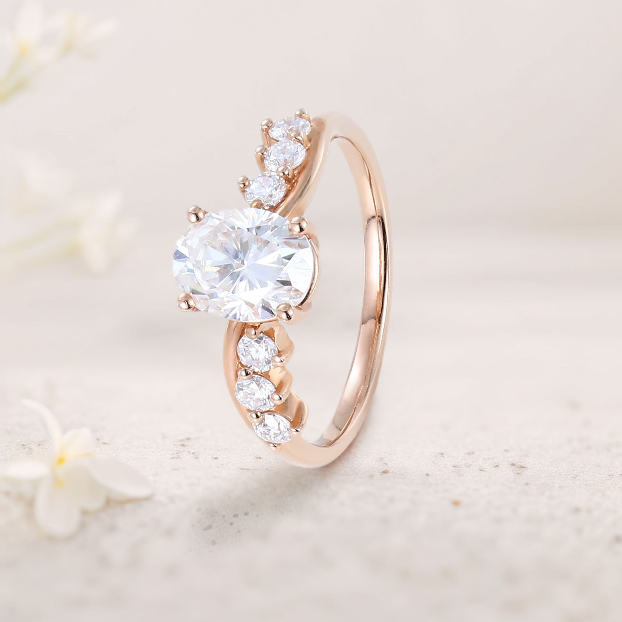 Unique Oval Moissanite 18K Rose Gold Engagement Ring Swirling Romance Bridal Ring