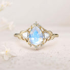 Unique Pear Lab Moonstone and Moissanite side stones Leaf Ring 18K Yellow Gold Engagement Ring